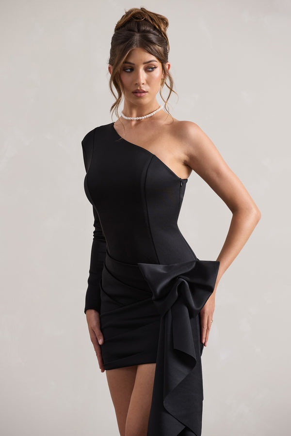Club L Abstract Black One Shoulder Mini Dress With Side Drape