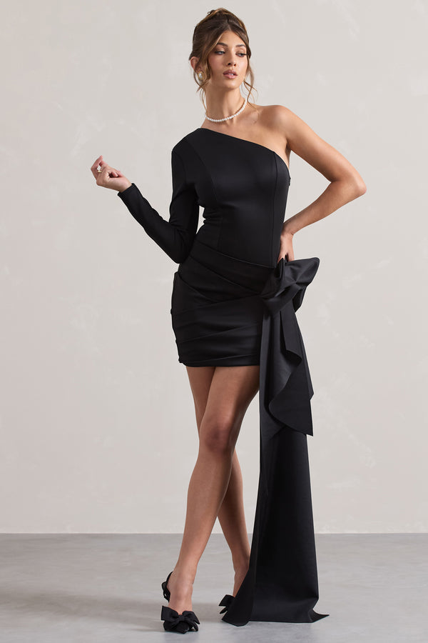 club l Abstract Black One Shoulder Mini Dress With Side Drape