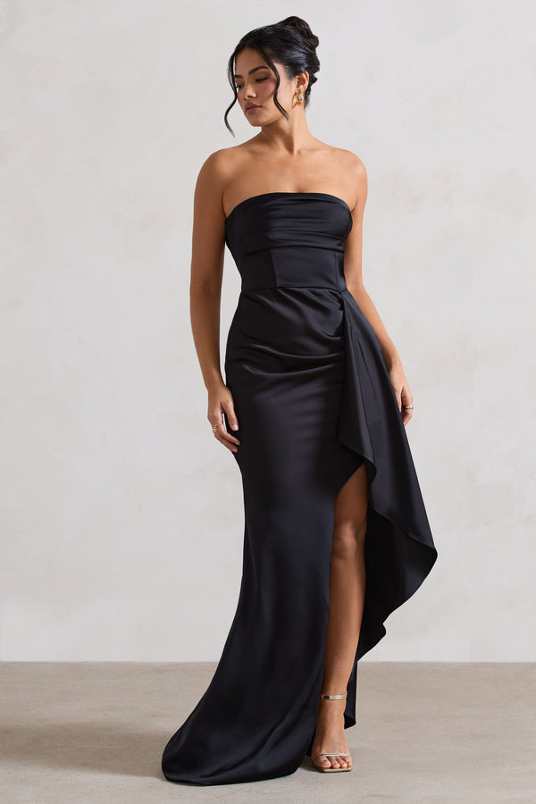 Club L Ace Black Satin Bandeau Split Maxi Dress With Ruffle Drape