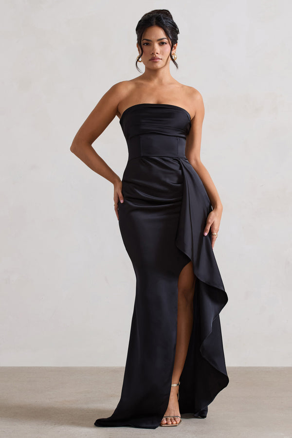 club l Ace Black Satin Bandeau Split Maxi Dress With Ruffle Drape