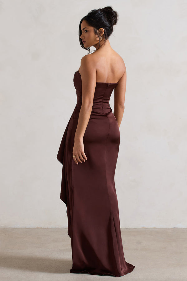 Club L Ace Chocolate Brown Satin Bandeau Split Maxi Dress With Ruffle Drape