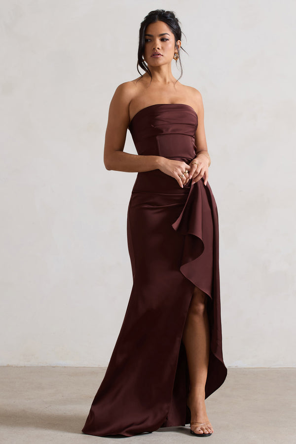 Club L Ace Chocolate Brown Satin Bandeau Split Maxi Dress With Ruffle Drape
