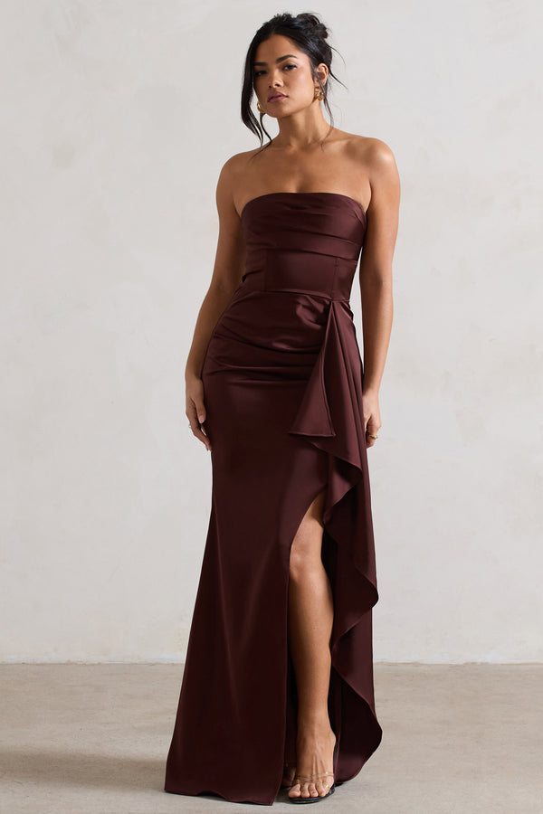 club l Ace Chocolate Brown Satin Bandeau Split Maxi Dress With Ruffle Drape