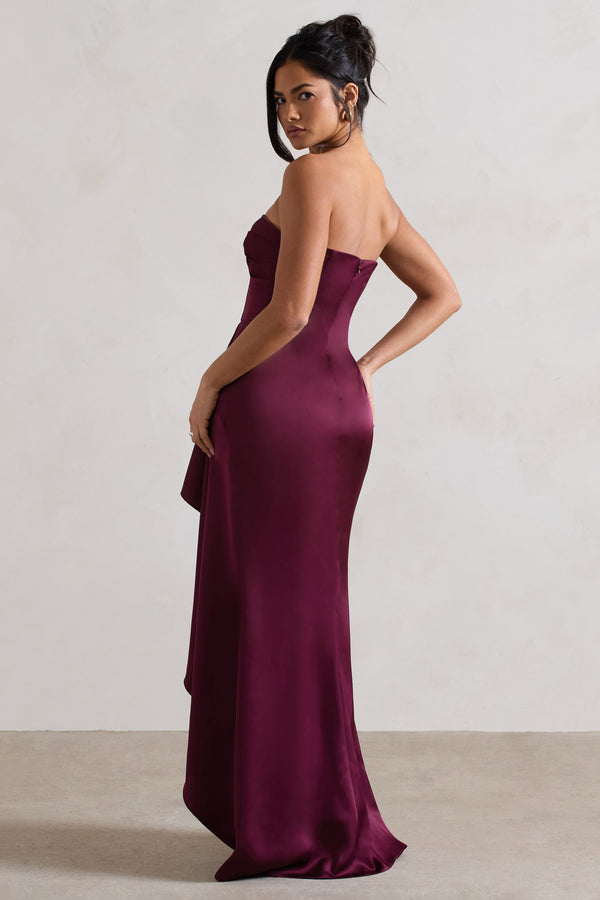 Club L Ace Plum Satin Bandeau Split Maxi Dress With Ruffle Drape