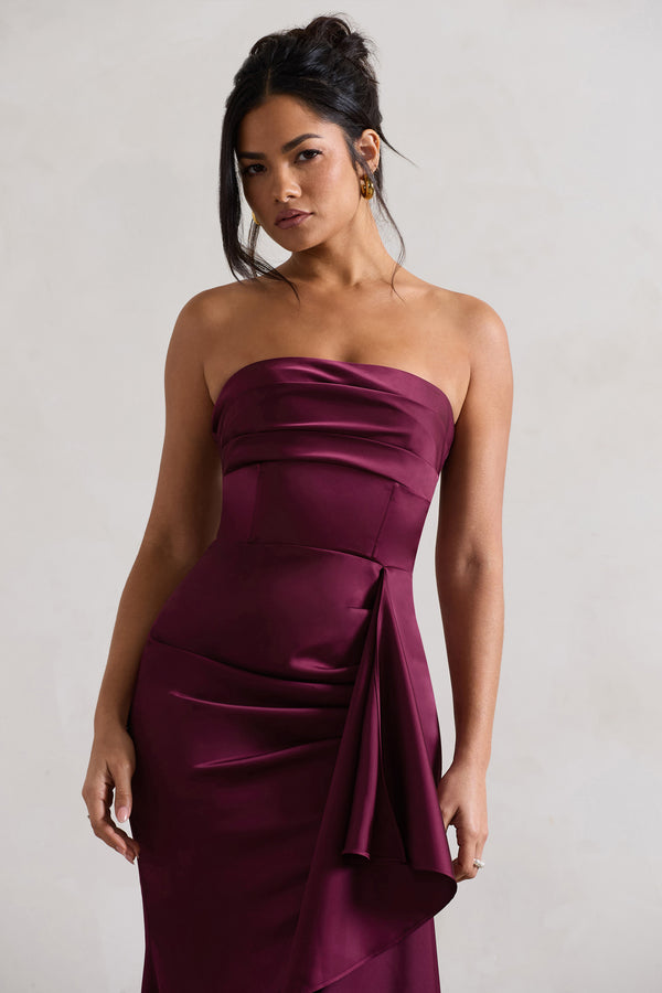Club L Ace Plum Satin Bandeau Split Maxi Dress With Ruffle Drape