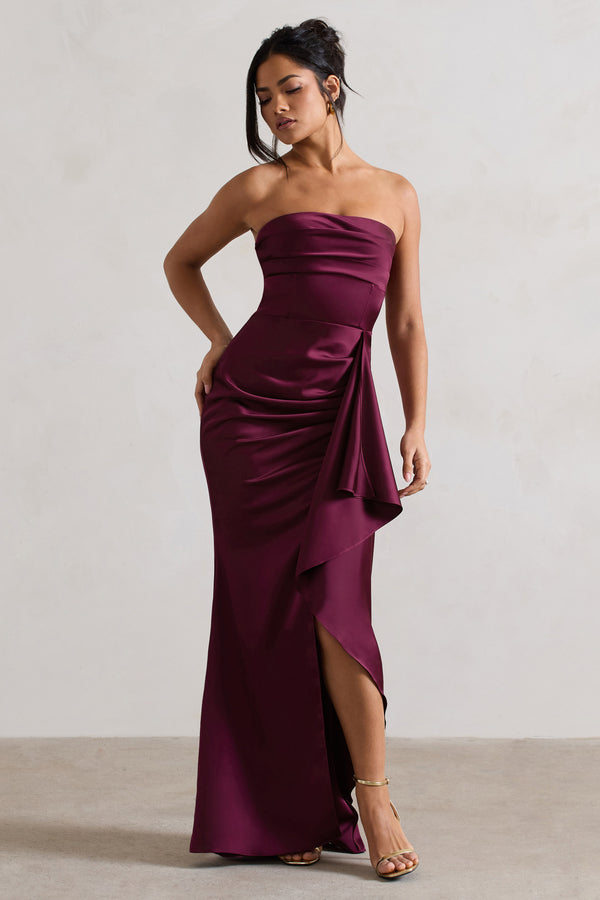 Club L Ace Plum Satin Bandeau Split Maxi Dress With Ruffle Drape