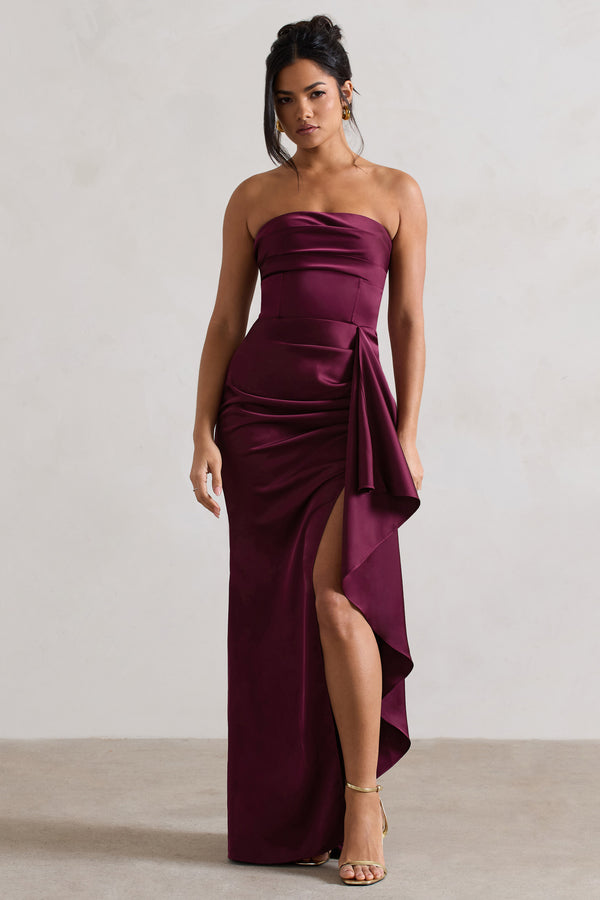 club l Ace Plum Satin Bandeau Split Maxi Dress With Ruffle Drape