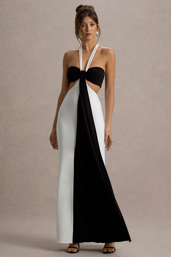 Club L Acentis Black & White Halter-Neck Cut-Out Maxi Dress