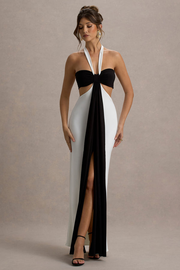 club l Acentis Black & White Halter-Neck Cut-Out Maxi Dress