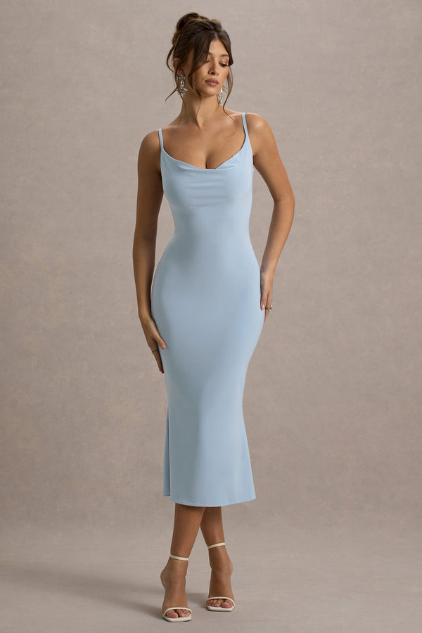 Club L Addison Powder Blue Cowl-Neck Open-Back Midi Dress With Lace