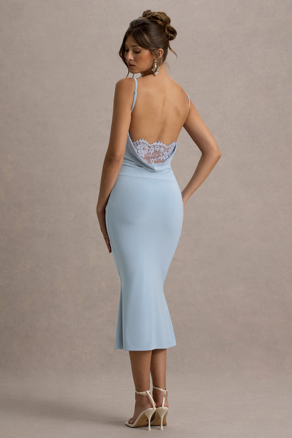 club l Addison Powder Blue Cowl-Neck Open-Back Midi Dress With Lace