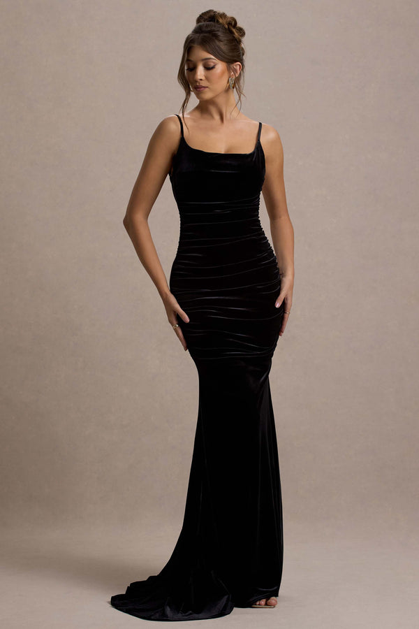 Club L Adele Black Velvet Ruched Strappy Fishtail Maxi Dress