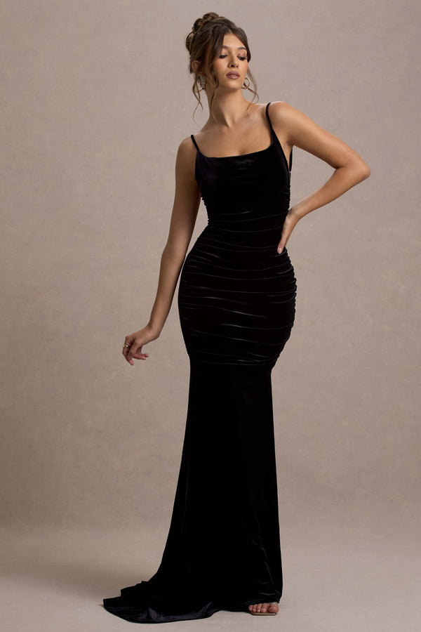 Club L Adele Black Velvet Ruched Strappy Fishtail Maxi Dress