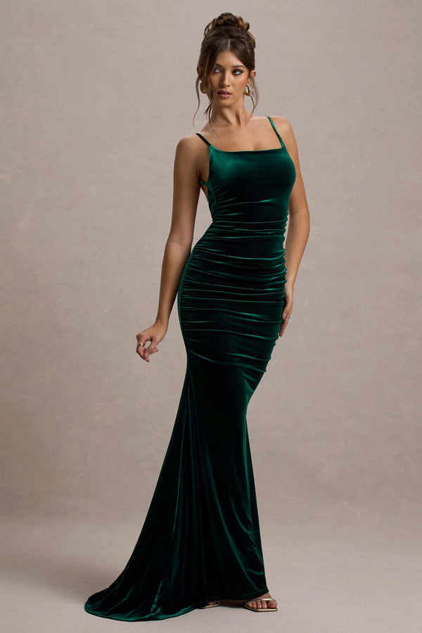 Club L Adele Bottle Green Velvet Ruched Strappy Fishtail Maxi Dress