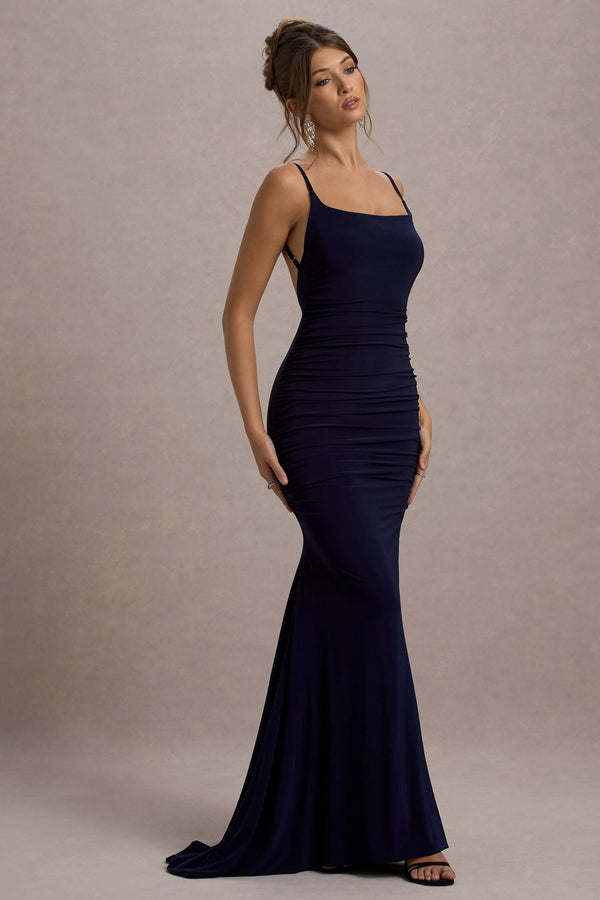Club L Adele Navy Backless Ruched Fishtail Cami Maxi Dress