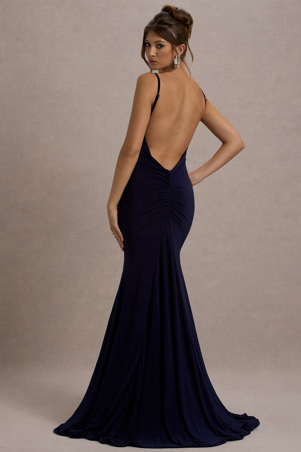 club l Adele Navy Backless Ruched Fishtail Cami Maxi Dress