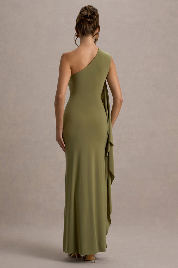 Club L Adelina Olive One-Shoulder Maxi Dress With Drape