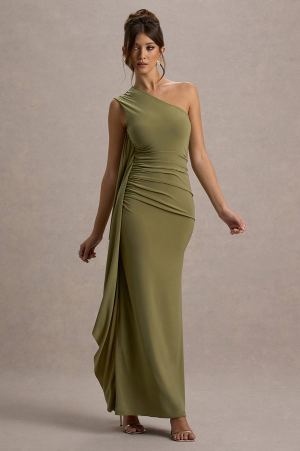 Club L Adelina Olive One-Shoulder Maxi Dress With Drape