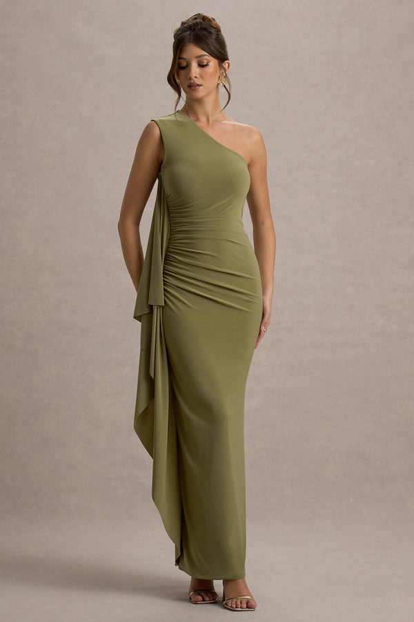 club l Adelina Olive One-Shoulder Maxi Dress With Drape