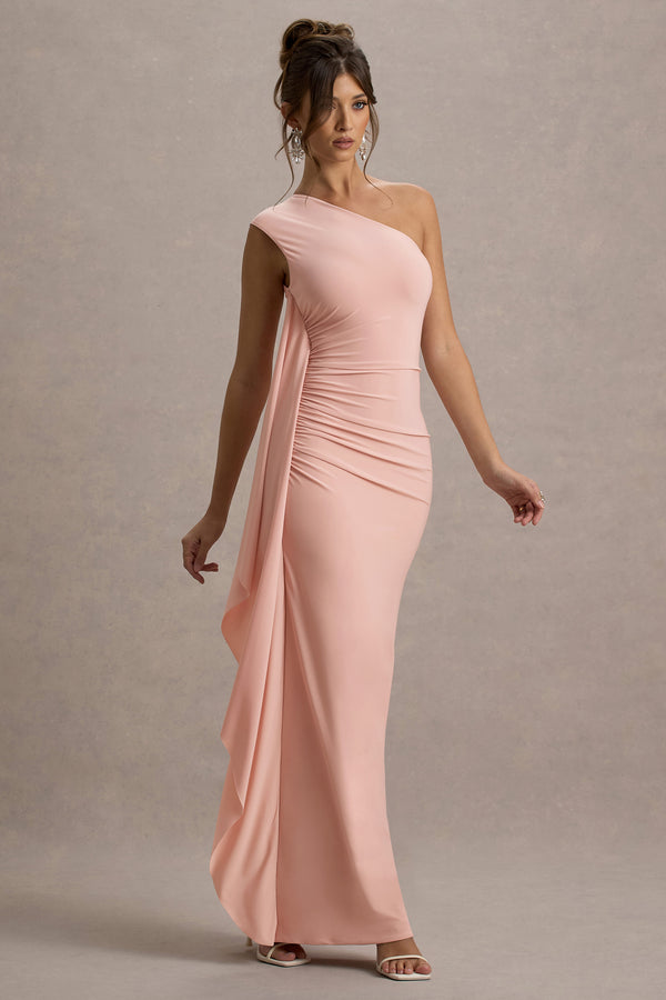 Club L Adelina Pink One-Shoulder Maxi Dress With Drape