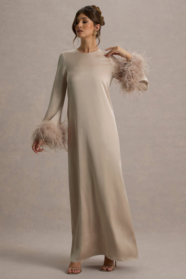 Club L Adella Champagne Satin Feather-Trim Maxi Dress