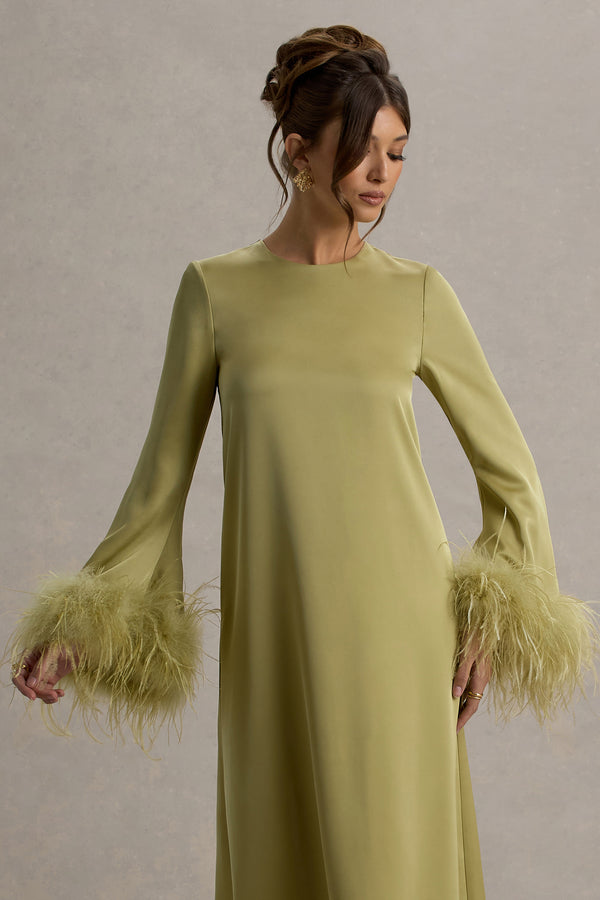 Club L Adella Light Green Satin Feather-Trim Maxi Dress