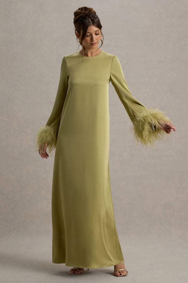 Club L Adella Light Green Satin Feather-Trim Maxi Dress