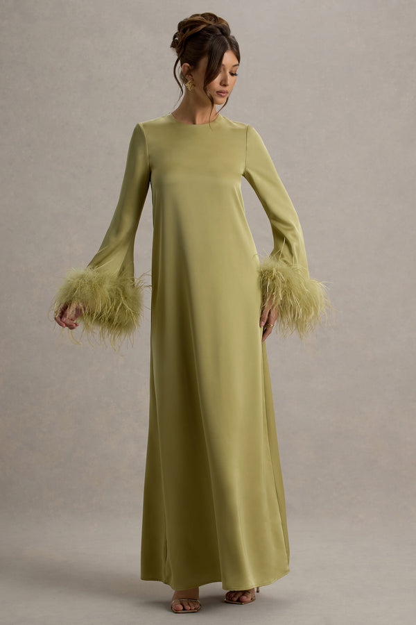 club l Adella Light Green Satin Feather-Trim Maxi Dress