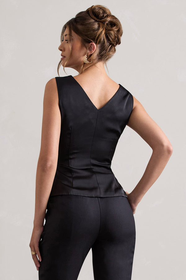 Club L Adoration Black Satin Plunge-Neck Top With Bow