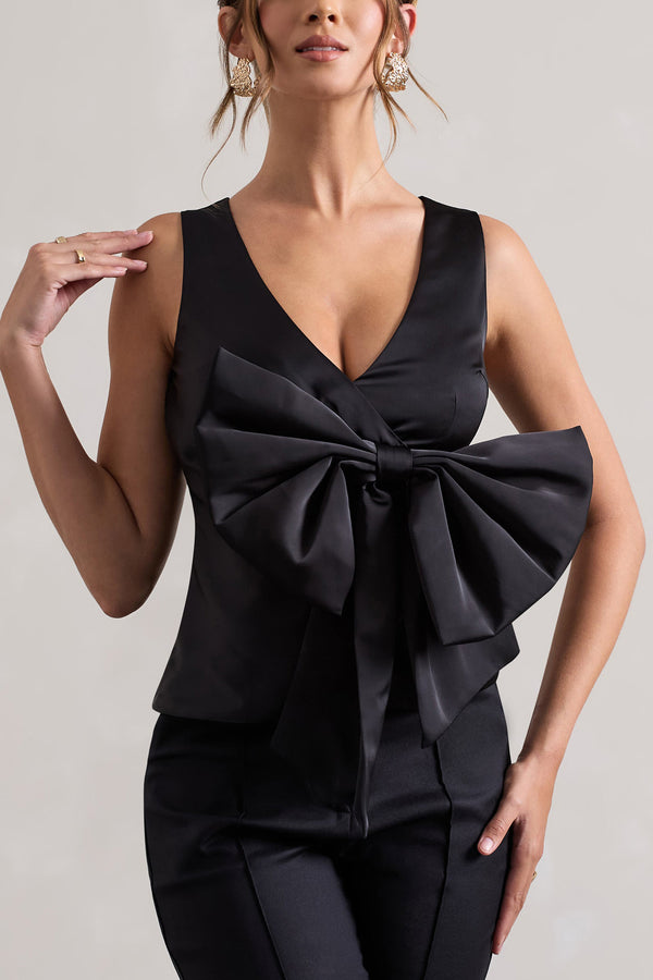 Club L Adoration Black Satin Plunge-Neck Top With Bow
