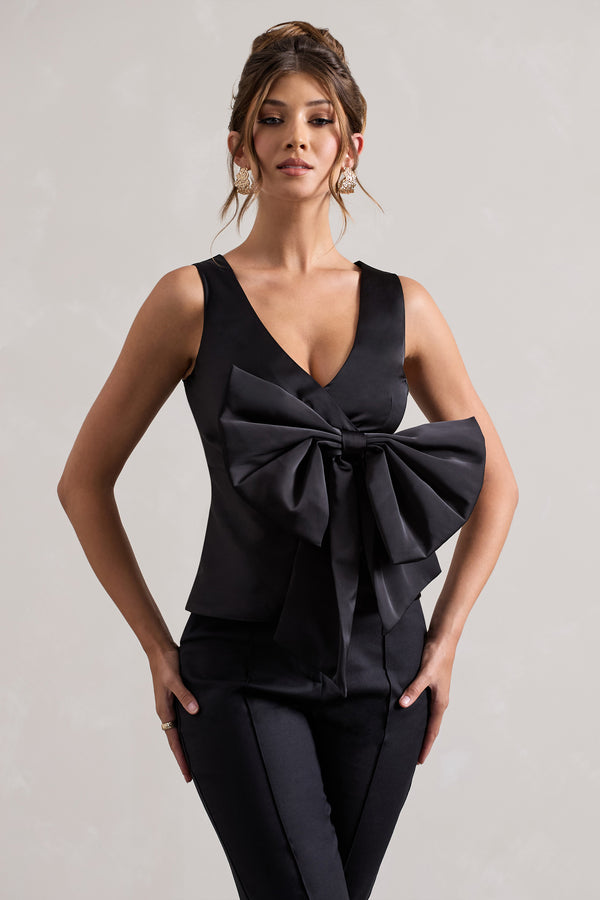 Club L Adoration Black Satin Plunge-Neck Top With Bow