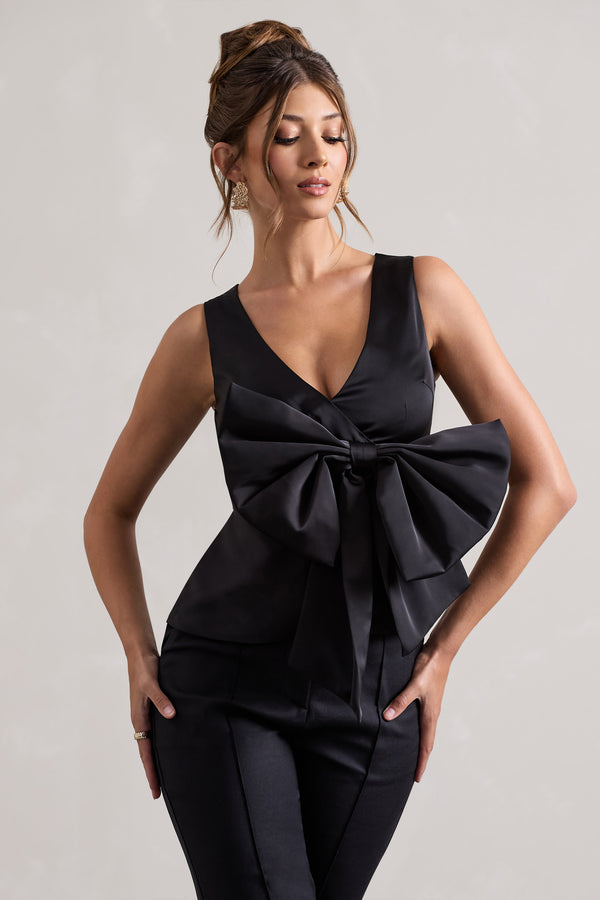 club l Adoration Black Satin Plunge-Neck Top With Bow
