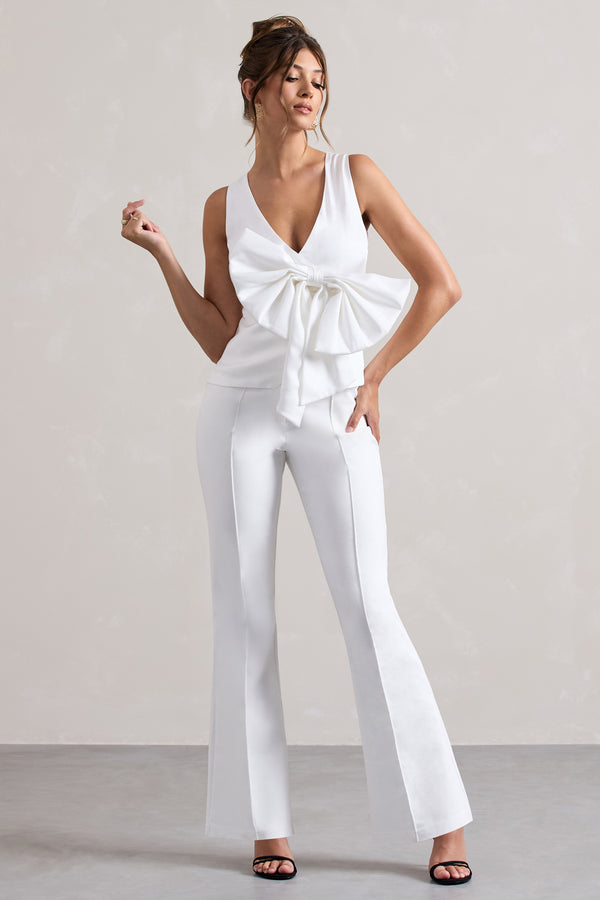 Club L Adoration Cream Satin Plunge-Neck Top With Bow
