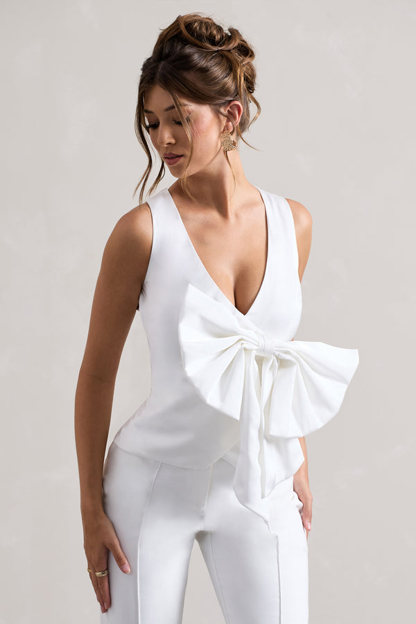 club l Adoration Cream Satin Plunge-Neck Top With Bow