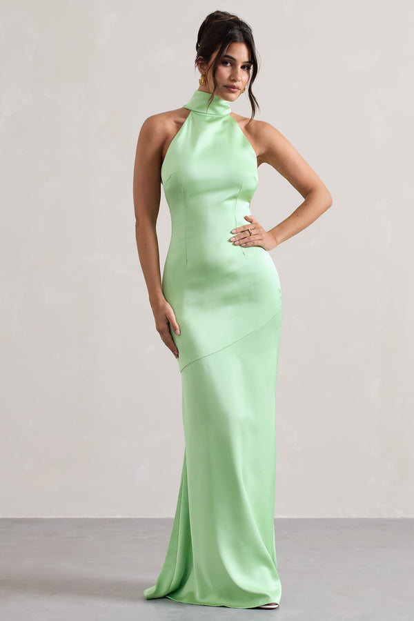 Club L Adoria Light Green Satin High-Neck Maxi Dress