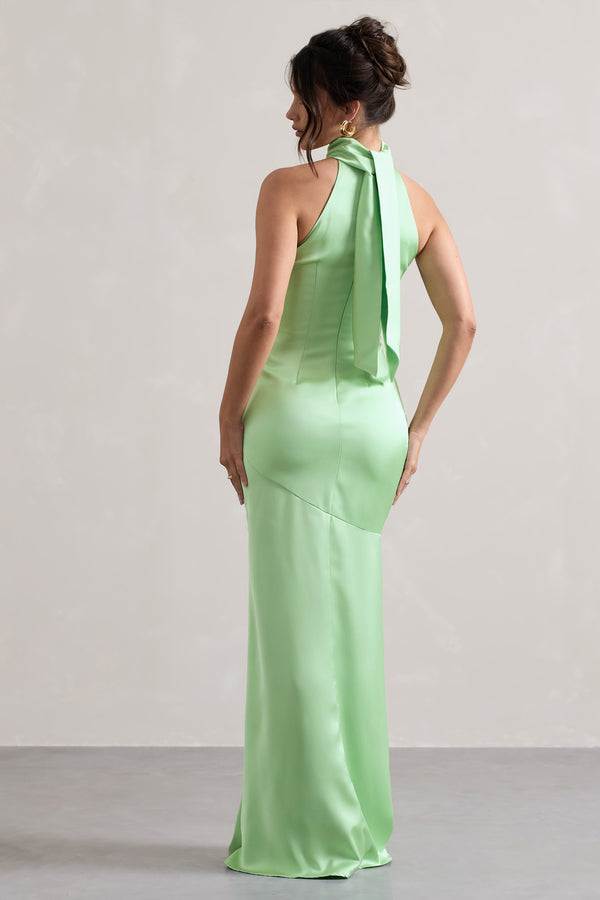 Club L Adoria Light Green Satin High-Neck Maxi Dress