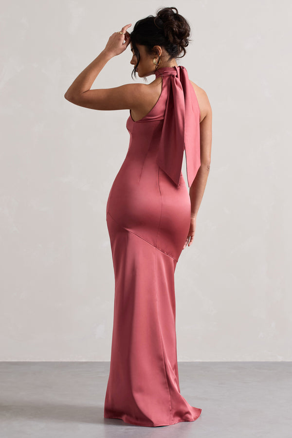 Club L Adoria Vintage Berry Satin High-Neck Maxi Dress