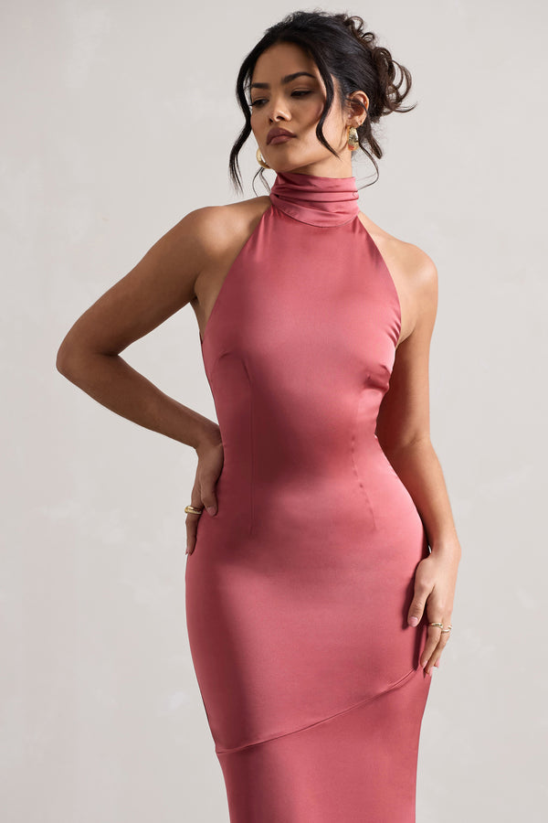 Club L Adoria Vintage Berry Satin High-Neck Maxi Dress