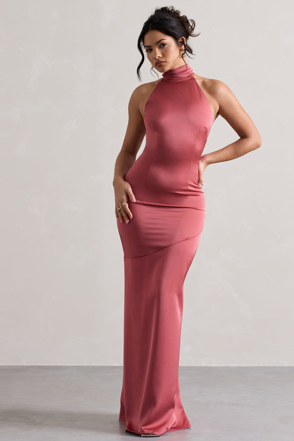 Club L Adoria Vintage Berry Satin High-Neck Maxi Dress