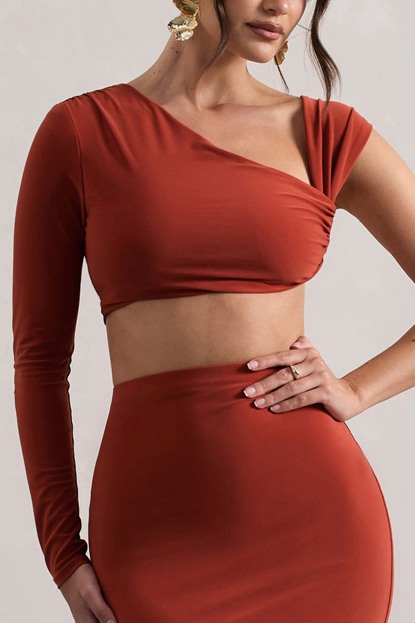 Club L Agalia Terracotta Ruched Asymmetric One-Sleeve Crop Top