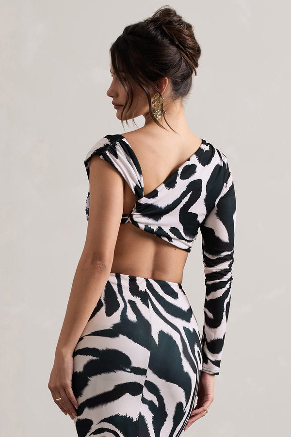 Club L Agalia Zebra Print Ruched Asymmetric One-Sleeve Crop Top