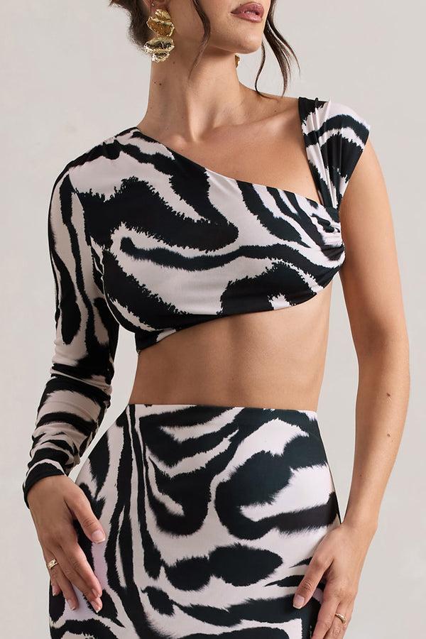 Club L Agalia Zebra Print Ruched Asymmetric One-Sleeve Crop Top