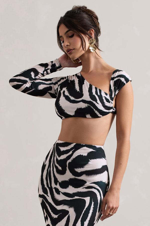 Club L Agalia Zebra Print Ruched Asymmetric One-Sleeve Crop Top