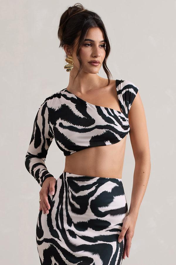 club l Agalia Zebra Print Ruched Asymmetric One-Sleeve Crop Top