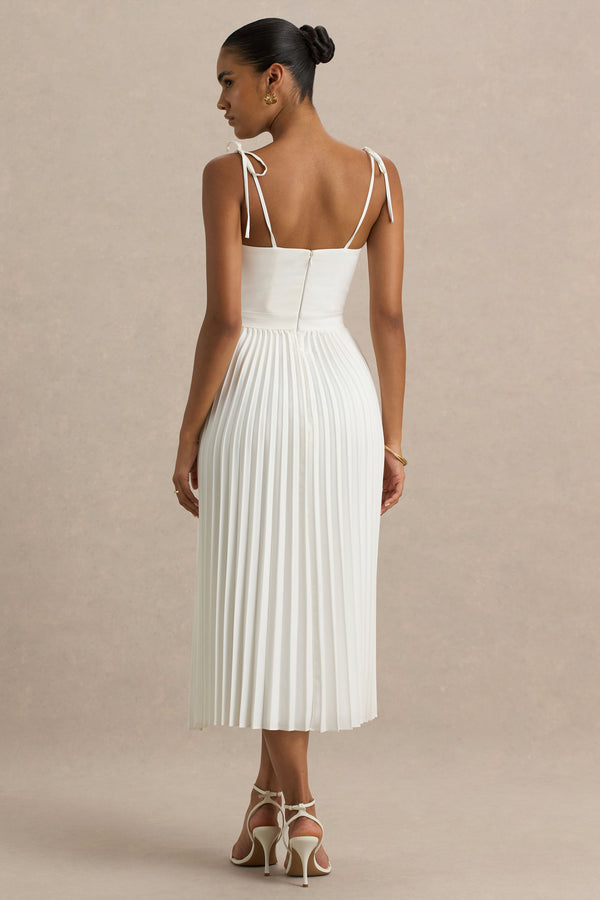 Club L Agua Cream Satin Sweetheart Midi Dress With Pleated Skirt