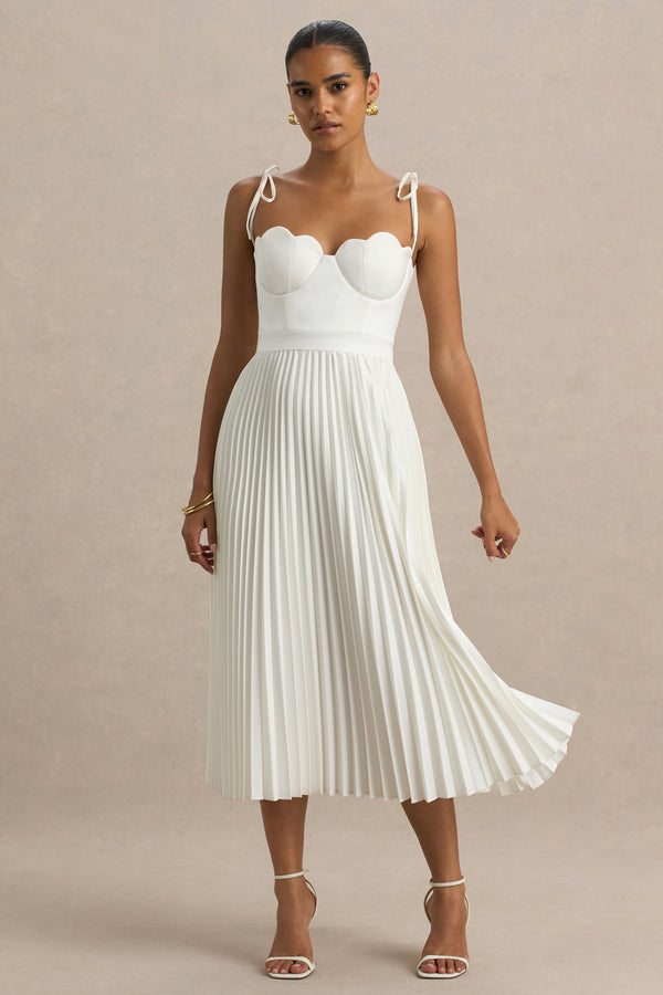 Club L Agua Cream Satin Sweetheart Midi Dress With Pleated Skirt