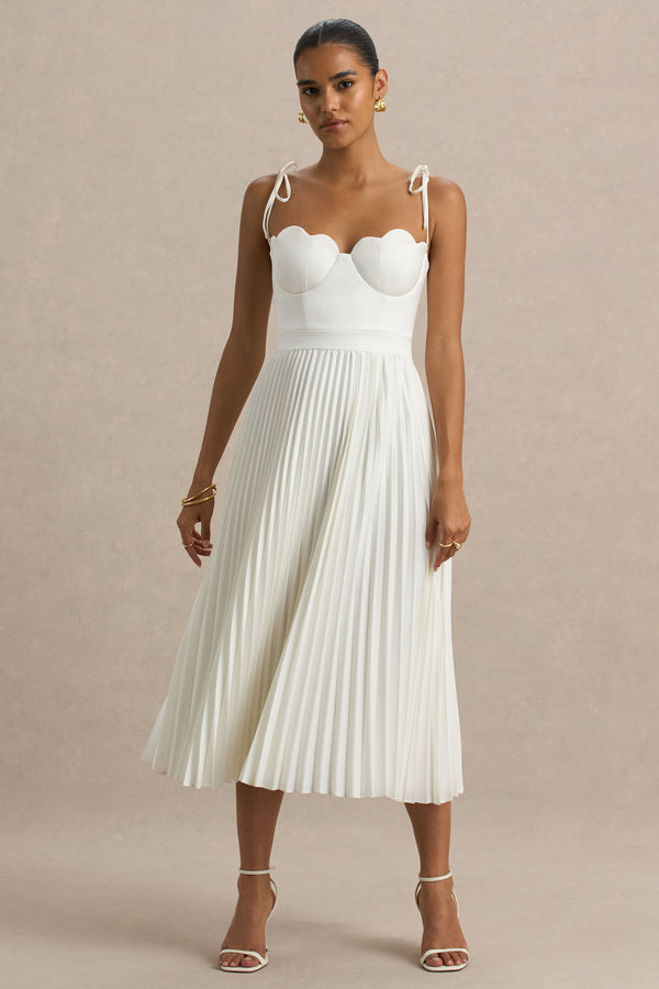 Club L Agua Cream Satin Sweetheart Midi Dress With Pleated Skirt