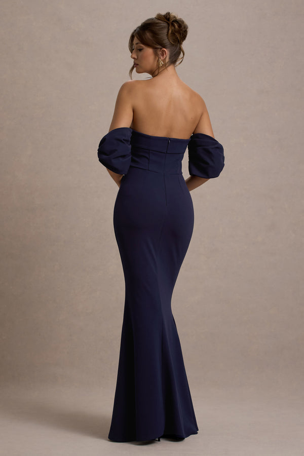 Club L Alaine Navy Bardot Maxi Dress With Bow Sleeves