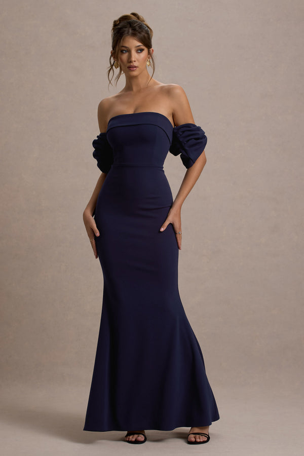 Club L Alaine Navy Bardot Maxi Dress With Bow Sleeves
