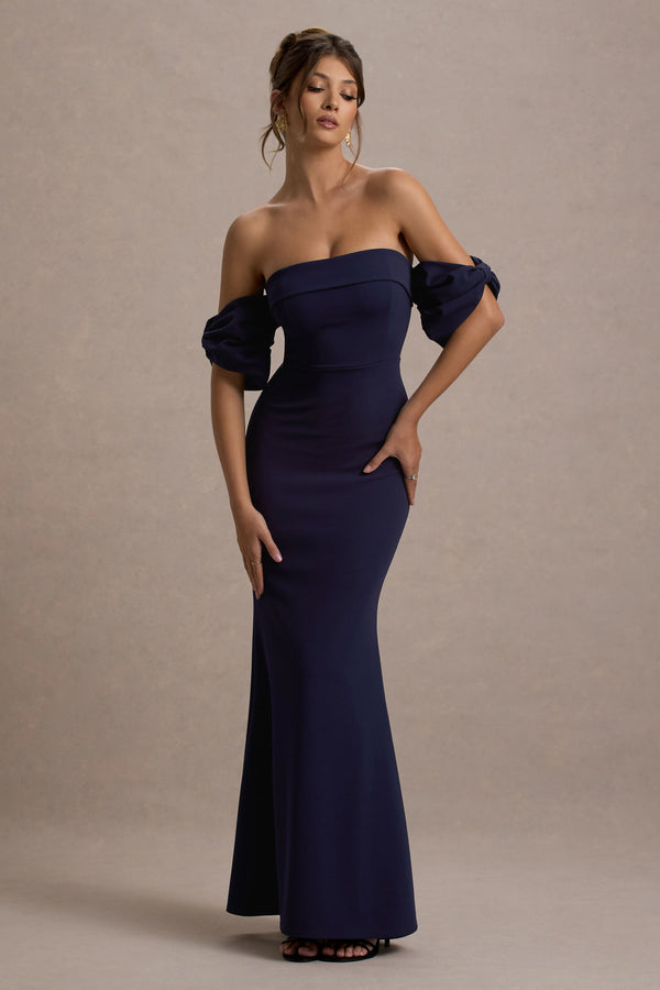 club l Alaine Navy Bardot Maxi Dress With Bow Sleeves